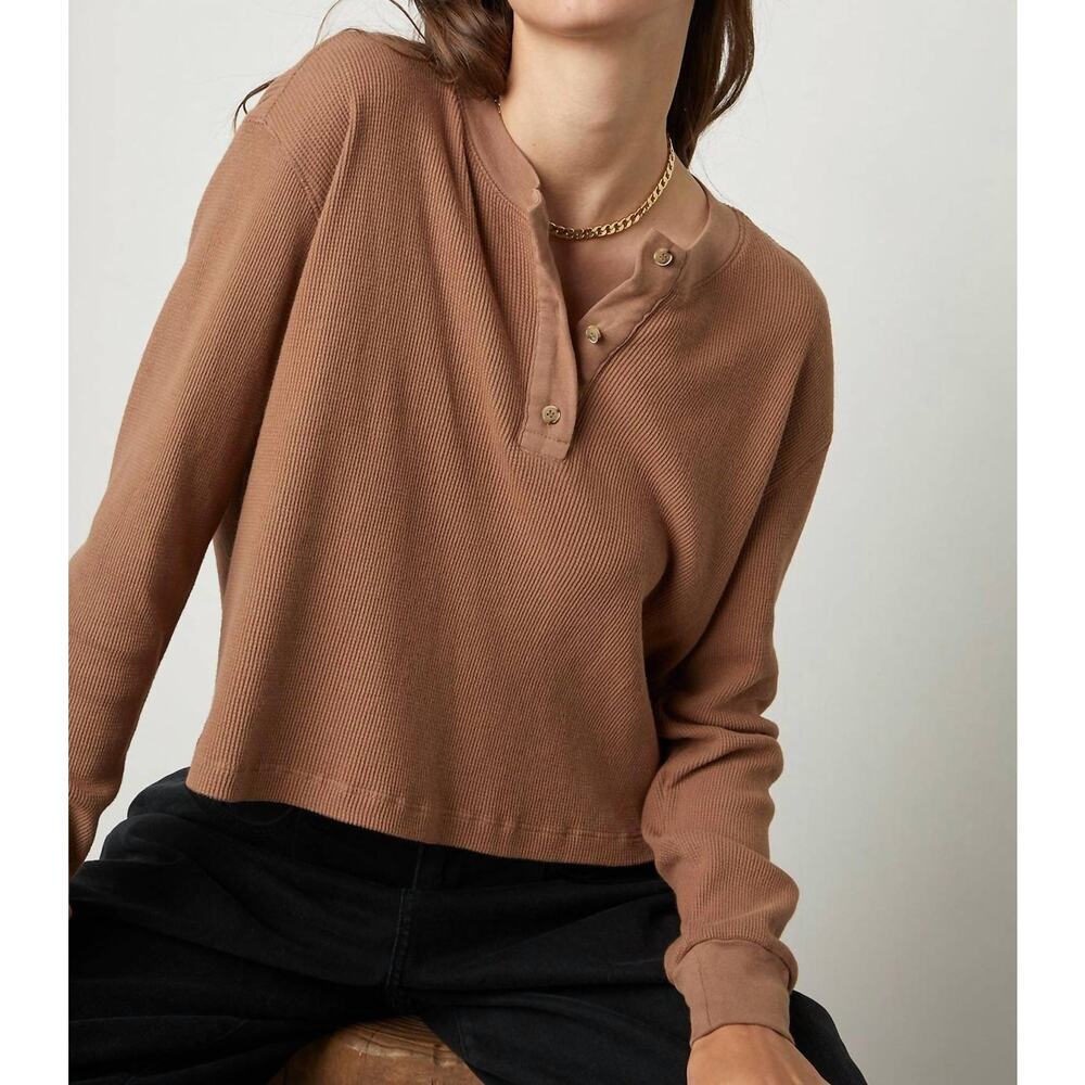 Velvet By Graham & Spencer Knitted Bonnie Henley Top in Camel Brown Size L NWT